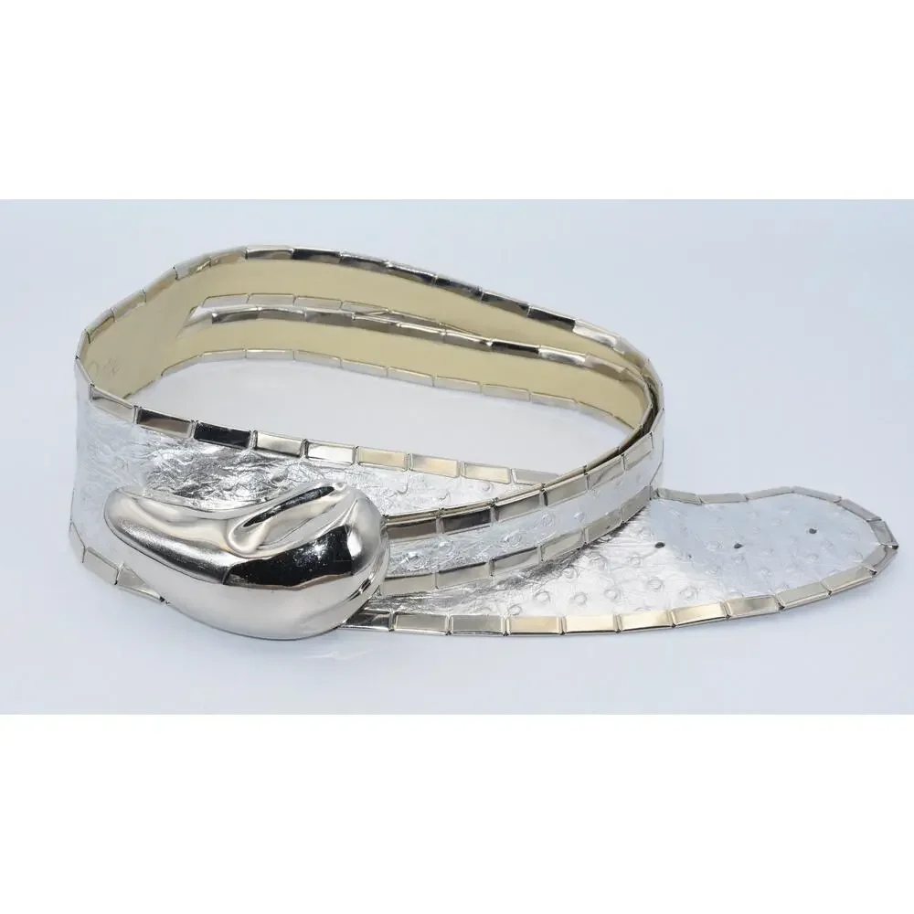 Y2K Vintage SIPRA Chrome Buckle Embossed Leather Studded Statement Belt S/M0